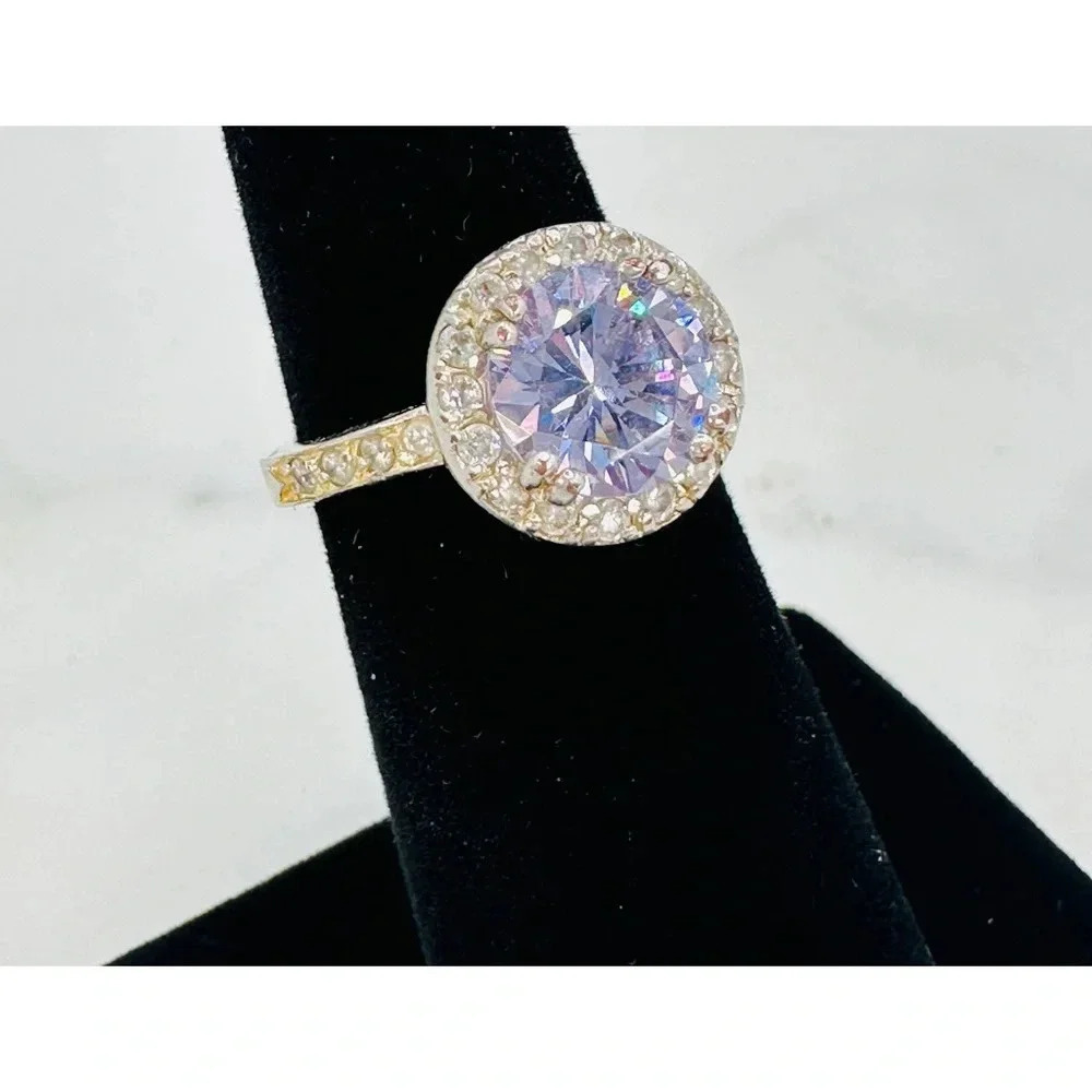 Lavender Purple Ring Halo Surround Size 5.25 Sparkle Fire Silver-tone Rh…